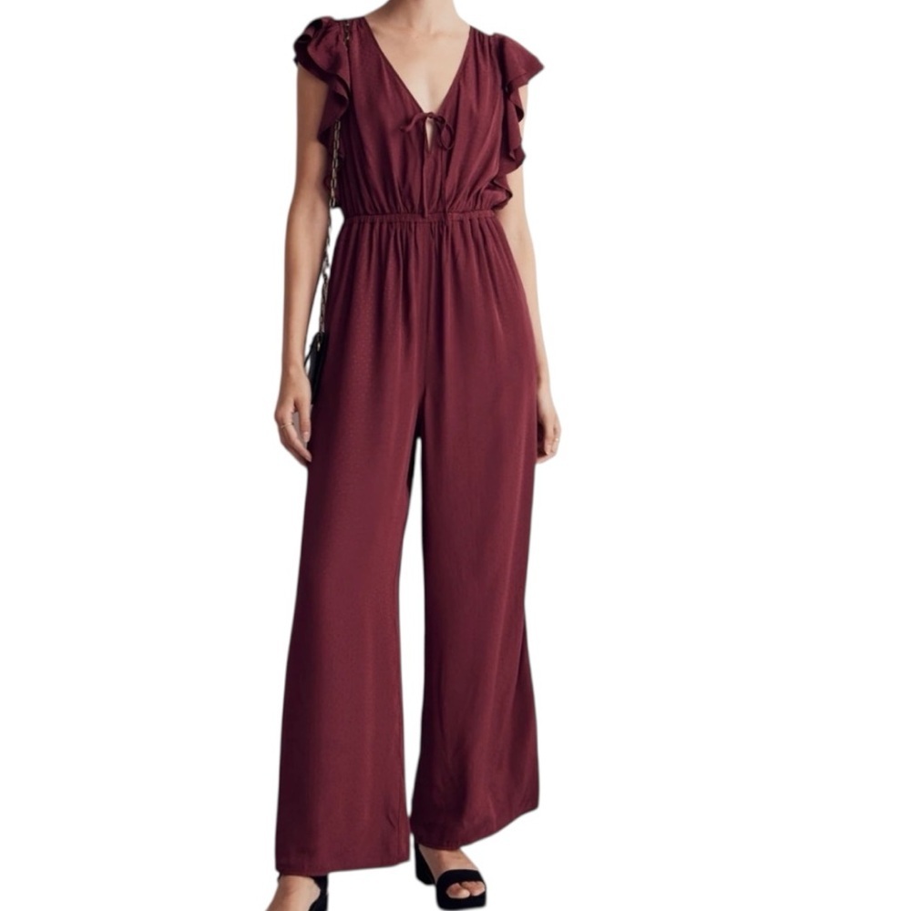 NWT MADEWELL Jacquard Deep-V Open Back Elastic Waist Ruffled Jumpsuit Size Small